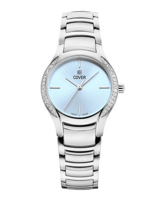 COVER Sandara Elegant Swiss Made Women's Watch, Light blue Dial, radiant crystals on both sides of the silver case, silver metal watch band