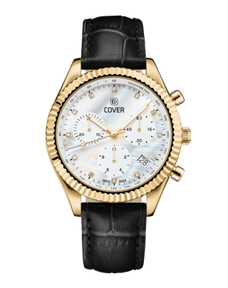 COVER Valentina Chrono Watch Crystals White Pearl Leather, Gold