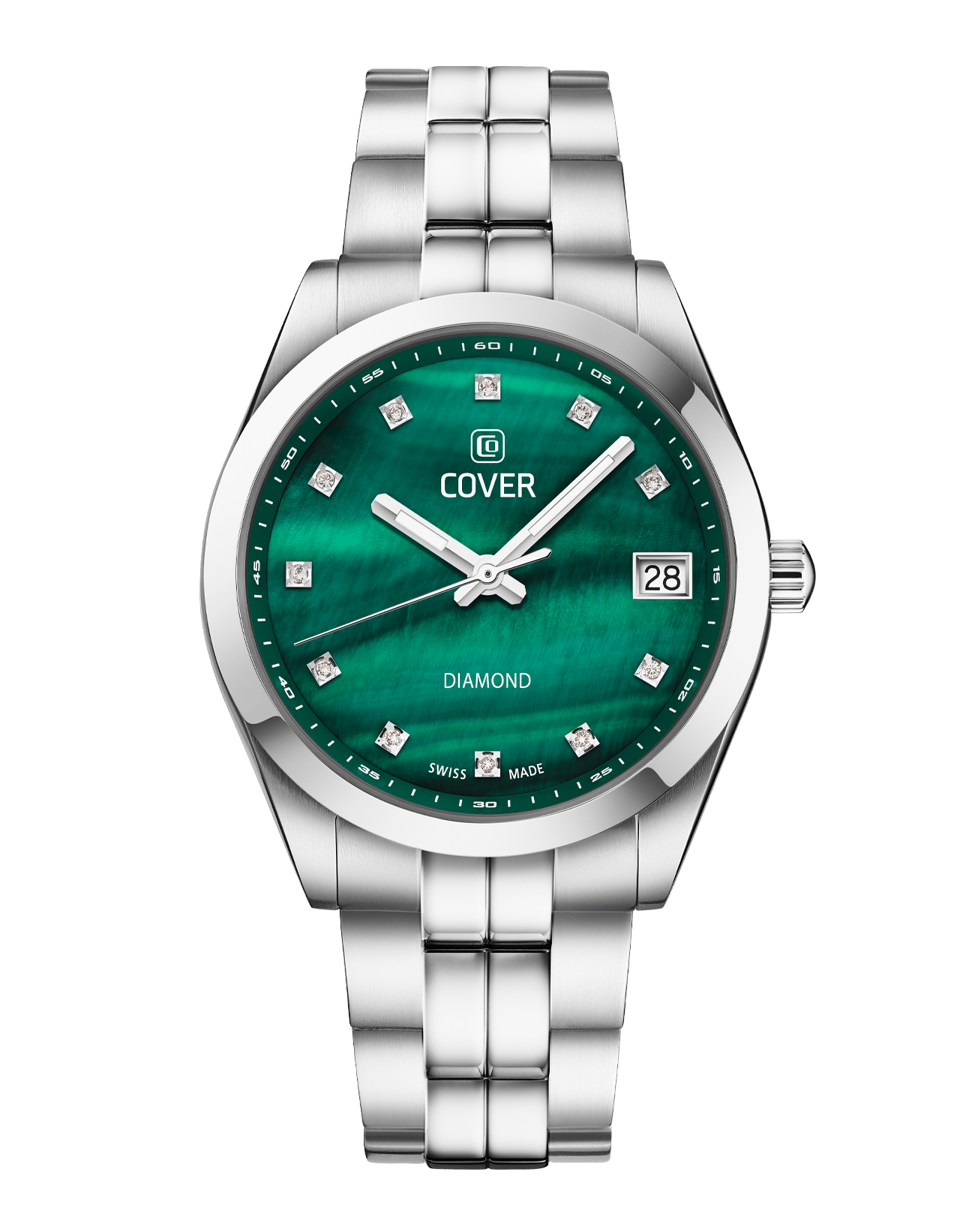 COVER Andara Diamond Sleek Swiss Made Women's Watch with Green Dial andorned with Diamonds, Full Silver Look, Sapphire Glass