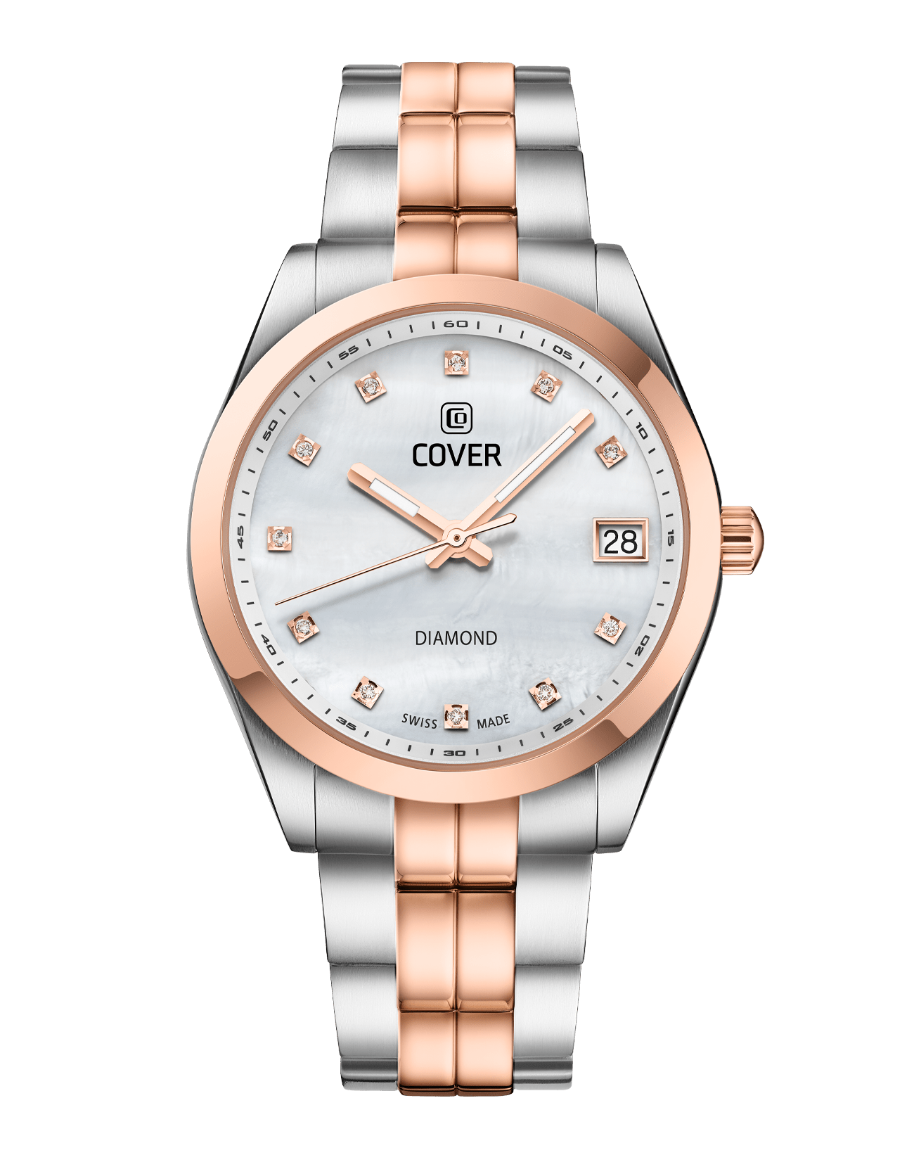 COVER Andara Diamond Sleek Swiss Made Women's Watch with white MOP Dial andorned with Diamonds, Two-Tone Rose gold/Silver, Sapphire Glass