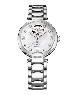 COVER Lady Diamond Open Heart Automatic Watch White Pearl, Silver