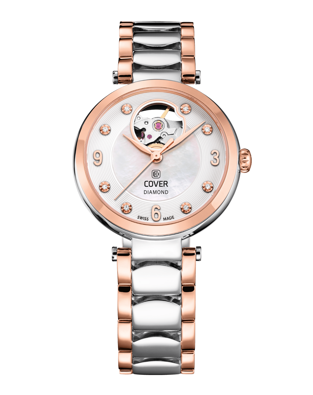 COVER Lady Diamond Open Heart Automatic Watch White Pearl, Bicolor