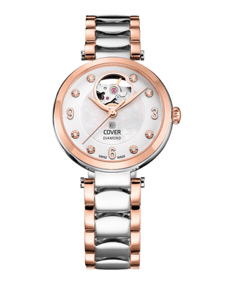 COVER Lady Diamond Open Heart Automatic Watch White Pearl, Bicolor